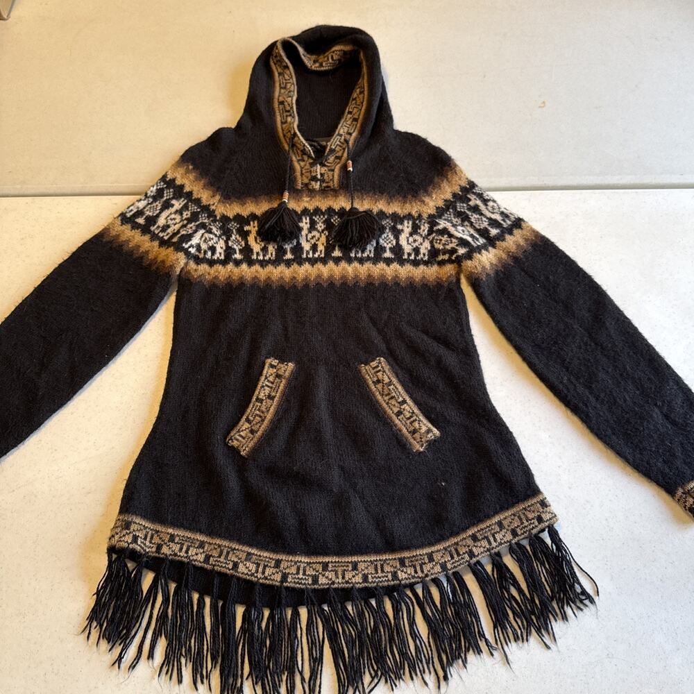 Peruvian Alpaca Knit Fringed Hooded Sweater Llama Geometric Boho Black M